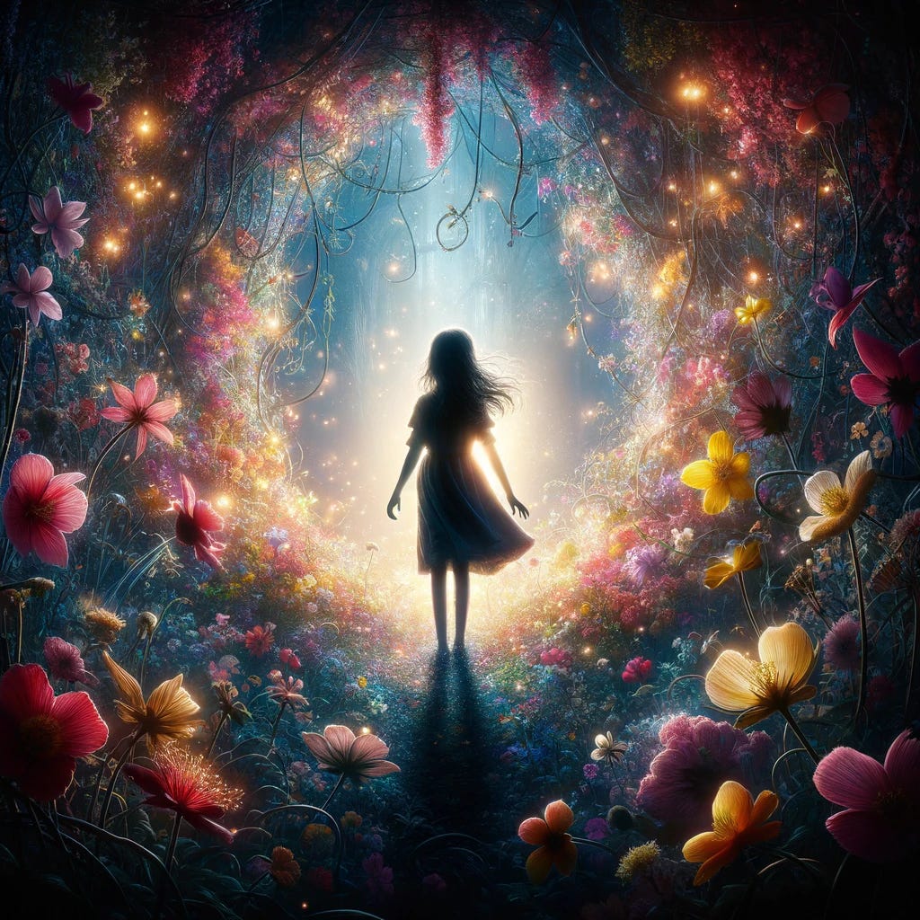 In a visually emotive and artistic scene, set in the heart of the Weeping Woods, Elara, a ten-year-old girl, is depicted as a silhouette in her Secret Garden. The garden is a riot of blooming flowers, each petal and leaf aglow with magical light, symbolizing the joy and wonder of shared beauty. Elara stands in the midst of this floral splendor, her silhouette outlined against the vibrant backdrop. Her posture conveys a mix of awe and a newfound understanding, as she opens the garden to the creatures of the woods. The scene captures the pivotal moment of her realization and transformation, with the flowers' radiant light casting both illumination and shadow, hinting at Elara's complex future. This image encapsulates the emotional depth of the story, highlighting the theme of shared joy and the foreshadowing of Elara's deeper character development within the mystical surroundings of the Weeping Woods.