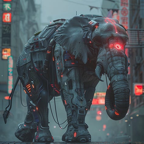 Elephant, sofa, cityscape cyberpunk