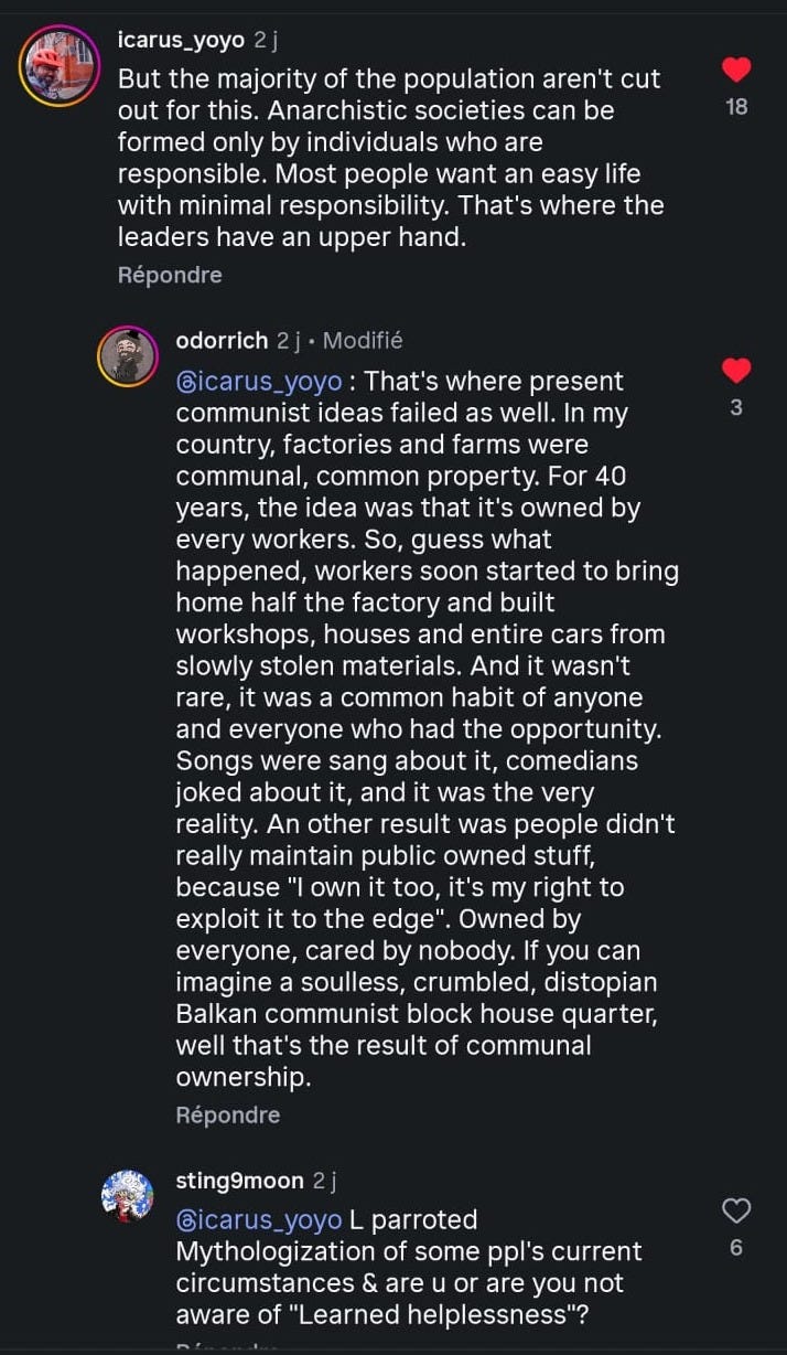 Instagram comments debating whether most people will accept the responsibility required by anarchist communities, and whether communal ownership leads to theft, neglect, and nobody maintaining shared property.
