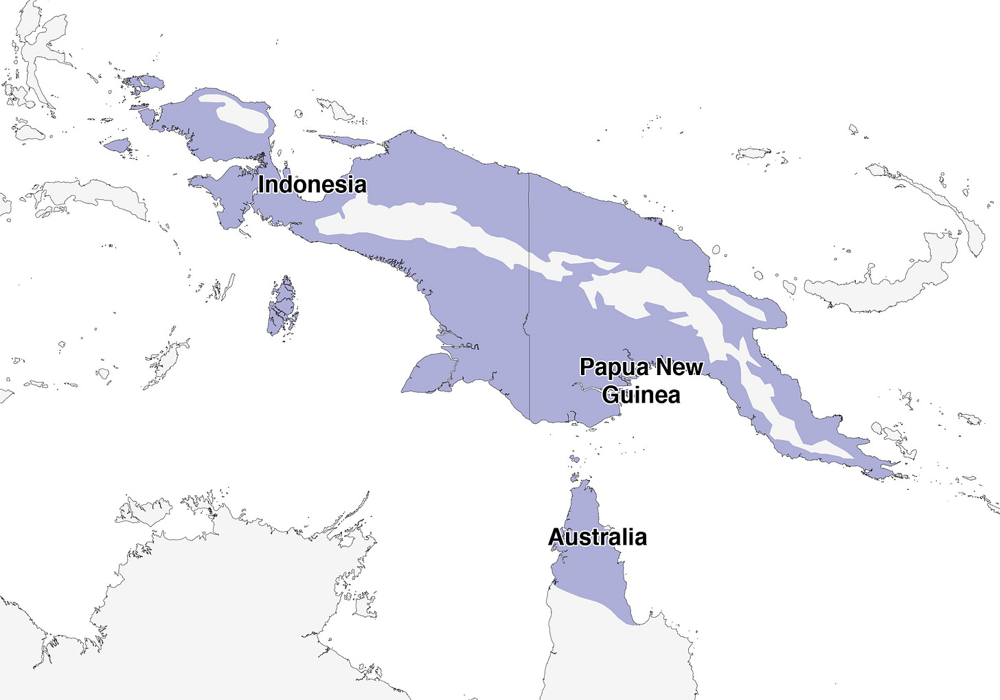 Map of New Guinea and the northern part of Australia with shading to indicate palm cockatoo range (New Guinea all but interior and Cape York, Australia)