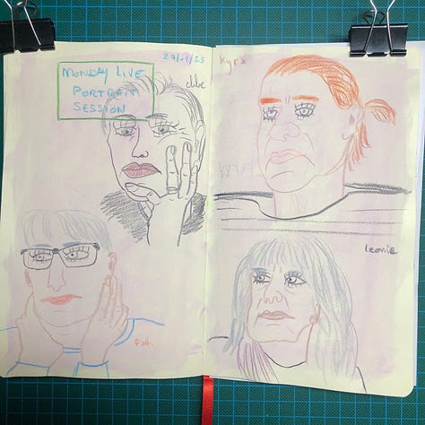 Photos des doubles-pages où j’ai dessiné 14 portraits aux crayons de couleurs Luminance de Caran d'Ache sur des fonds à l’aquarelle : rose, vert et bleu.