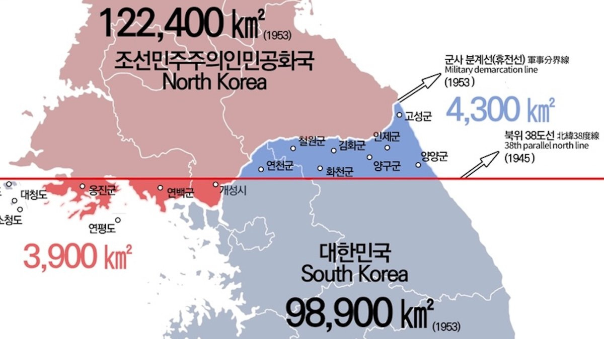 Map showing North Korea and South Korea, demilitarized zone, military demarcation line, and territory sizes in square kilometers, with major cities labeled in both countries.