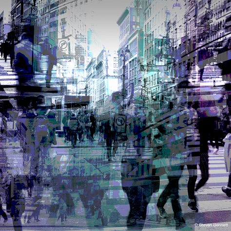 Steve Bennett's sample street photographs (the world as seen) and composite artworks )the world as reimagined)