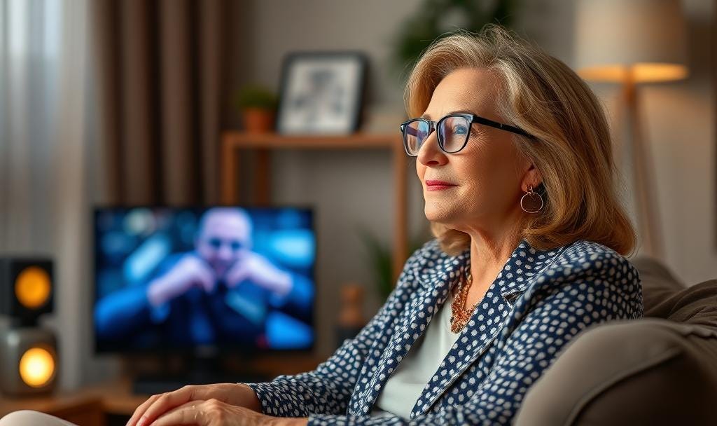 A middle-aged woman with glasses who isn't even watch her TV.