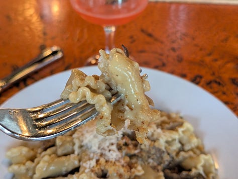 Campanelle pasta with Porcini Crema, Roasted Wild Mushrooms and Sage with “Tony’s Woodstove” cocktail including Banhez Mezcal, Campari and Star Anise that I had at the Red Hen recently.