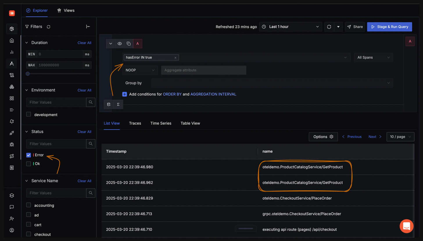 Traces explorer with Error filter applied and subsequent query output