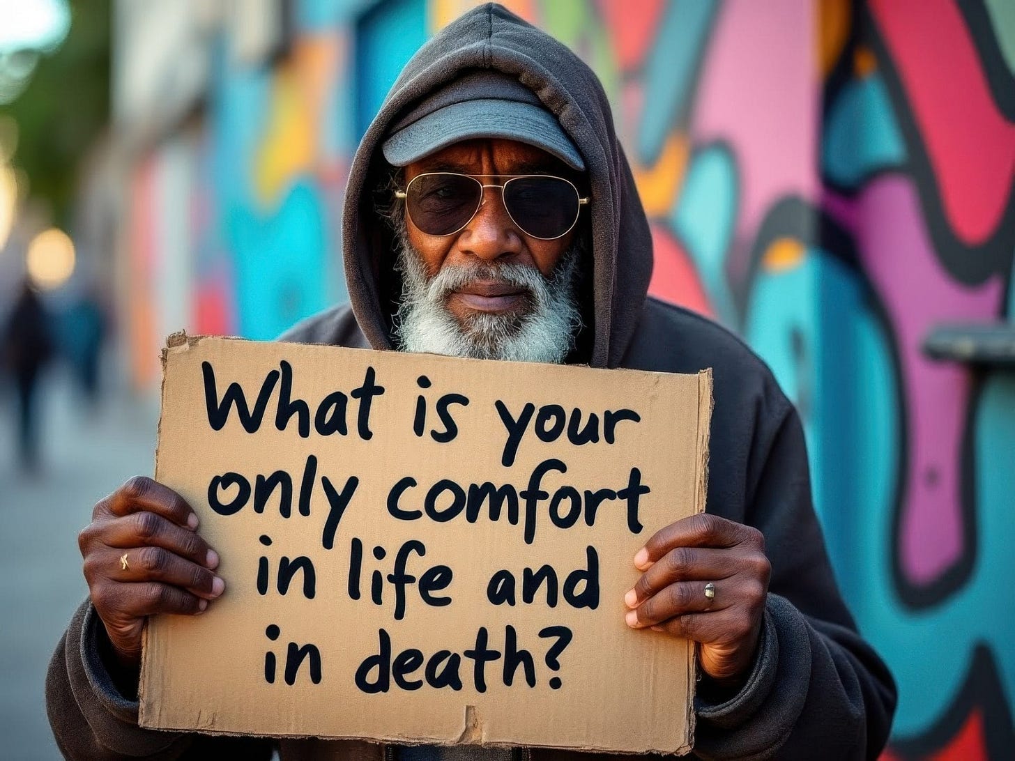 Old man asking a question, with a sign that says: What is your only comfort in life and in death? HCQ1. Colorful graffiti is in the background.