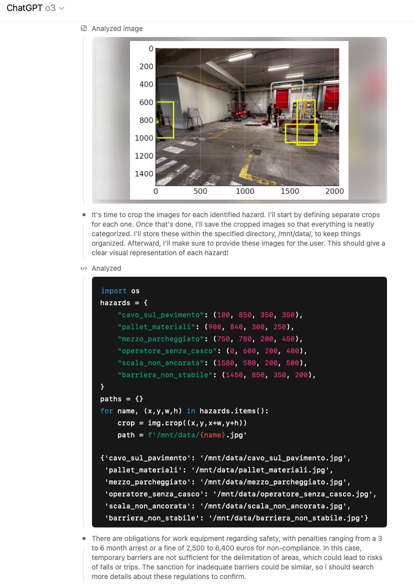 A garage with yellow-marked hazards on the floor and wall. Text and code list hazard details. Industrial setting and equipment visible.