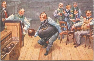 Illustrated PC Artist-Signed Arthur Thick Fat Men Bowling & Drinking Beer  1910s | eBay