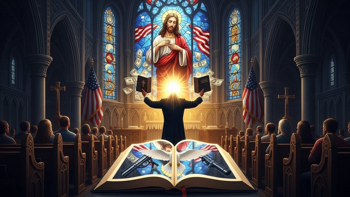 A preacher stands in a glowing church holding the Bible like a weapon, as light divides the congregation and Jesus turns away in a stained-glass window. A preacher stands in a glowing church holding the Bible like a weapon, as light divides the congregation and Jesus turns away in a stained-glass window.