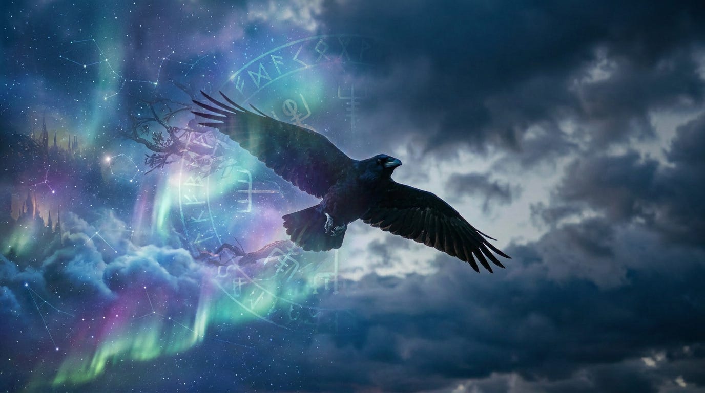 A raven in full flight silhouetted against a glowing cosmic background featuring aurora borealis in blues and purples, with large Norse rune symbols illuminated behind it. AI-generated illustration.