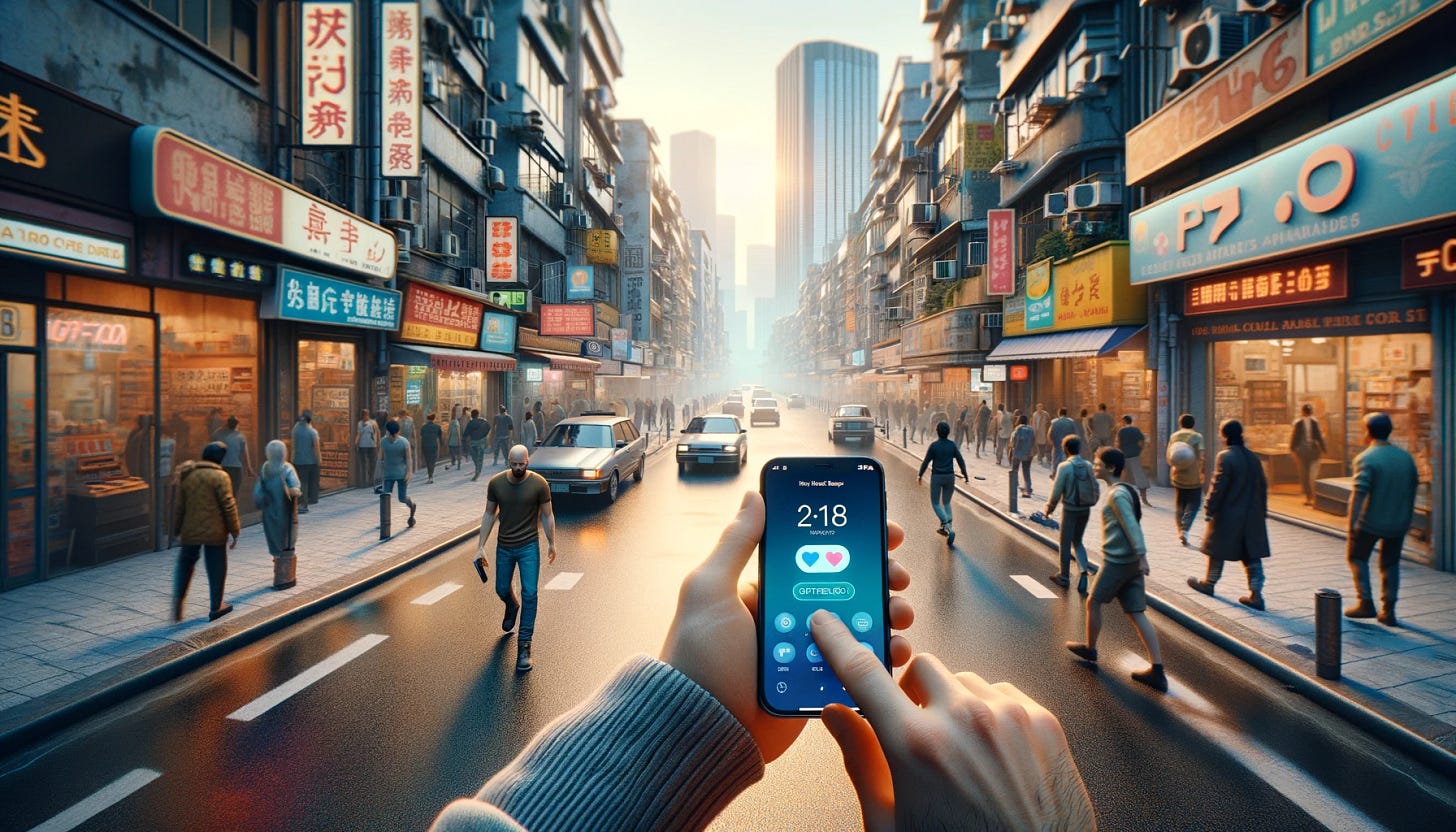 Straight back to the classic image. Two hands using a phone seen in first person in the foreground. A busy street in the background.
