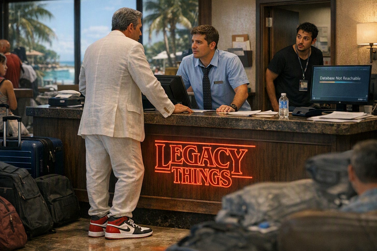 Reception di un resort caraibico in piena emergenza operativa, con ospiti e trolley in attesa, personale dietro il banco e un monitor che mostra il messaggio “Database Not Reachable”. Sul banco è visibile il logo Legacy Things. Reception di un resort caraibico in piena emergenza operativa, con ospiti e trolley in attesa, personale dietro il banco e un monitor che mostra il messaggio “Database Not Reachable”. Sul banco è visibile il logo Legacy Things.
