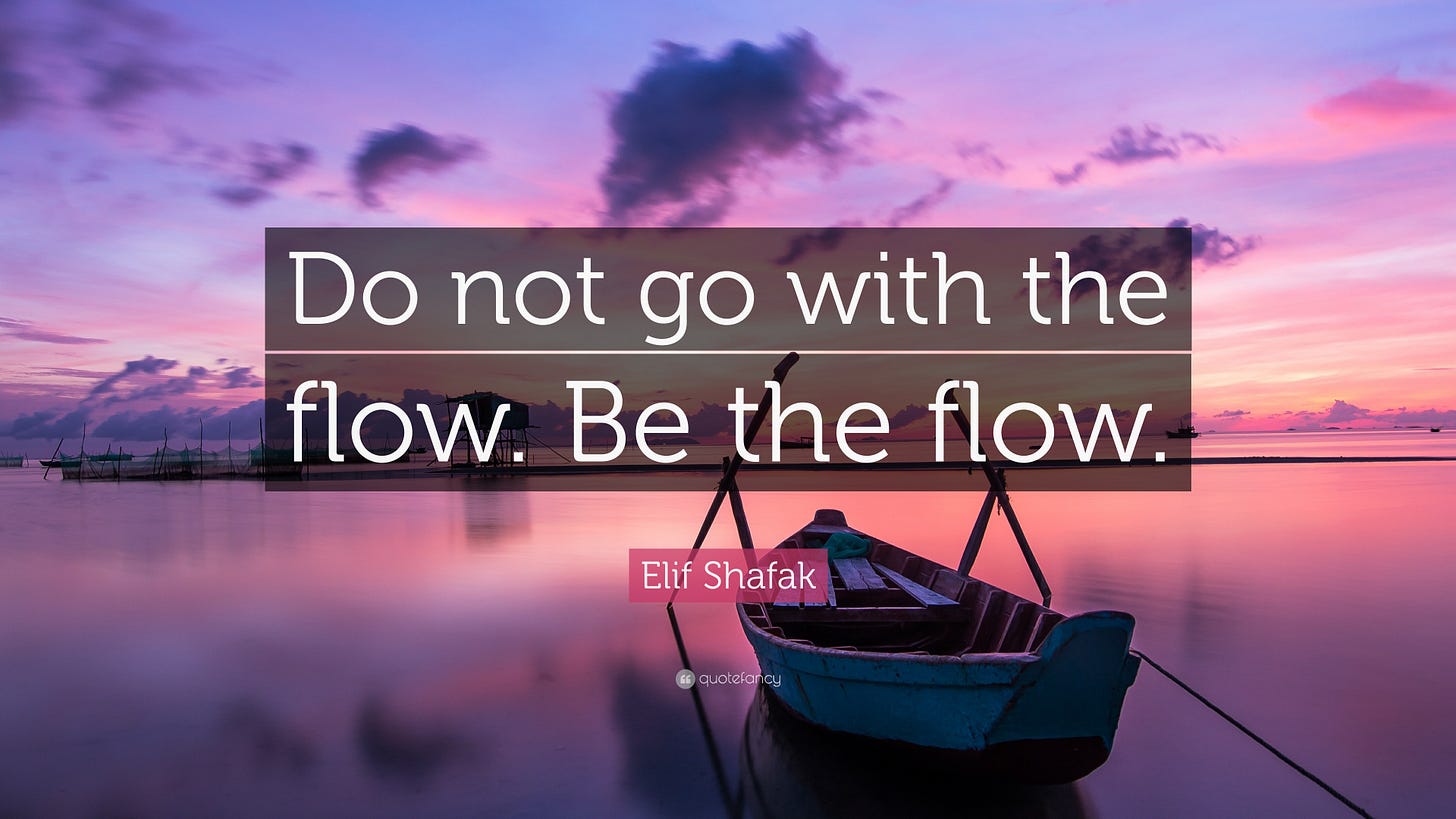 Photograph of a small boat sitting on an absolutely still lake with a smooth surface. The photo has a pinkish-lavender sky that's reflected in the water's surface. Over the photo is the text, "Do not go with the flow. Be the flow. ~~Elif Shafak."
