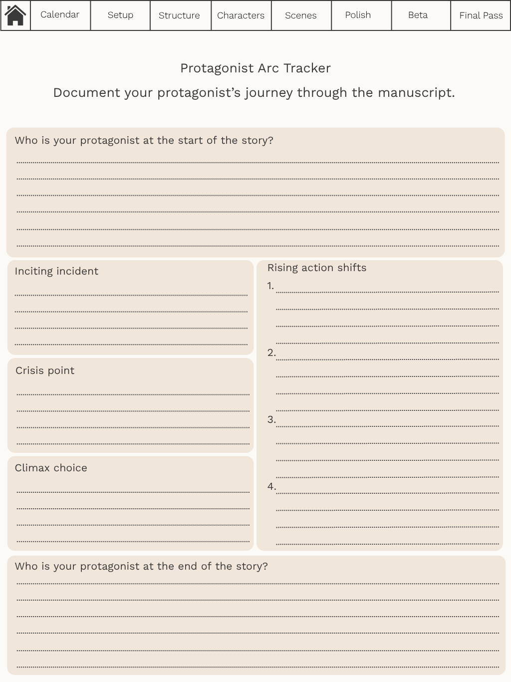 A sample page from The Revision Planner for Writers showing how to track your protagonist's character arc.