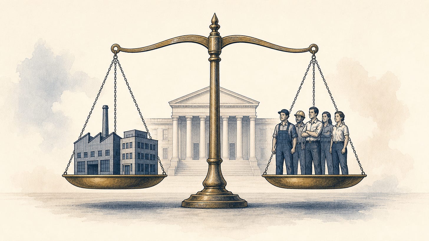Scales balancing workers and employers, state as neutral referee