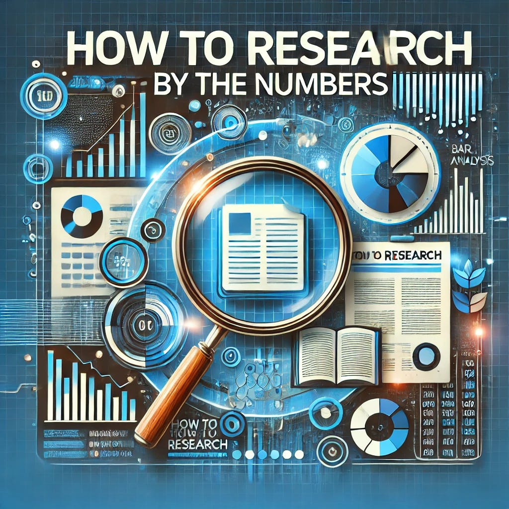 A modern, eye-catching thumbnail for an article titled 'How to Research: By the Numbers.' The design should feature a blend of imagery representing research and data-driven analysis. Include elements such as a magnifying glass focusing on a document or book, bar graphs or pie charts, and a digital or futuristic touch, like binary code or a circuit board pattern in the background. The color scheme should be professional and engaging, with a balance of blue tones and contrasting colors to highlight the title text prominently.
