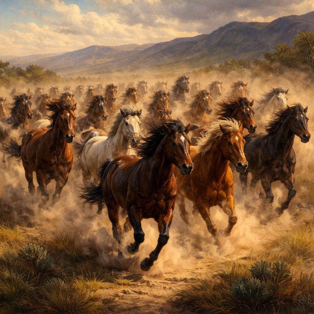 A square Western-style painting of a large herd of wild mustangs running at full speed across a dusty open plain. Sunlight catches their brown, black, and white coats as they surge forward in overlapping motion, with distant hills and a wide sky behind them. The image emphasizes the force and scale of the herd rather than any single horse.