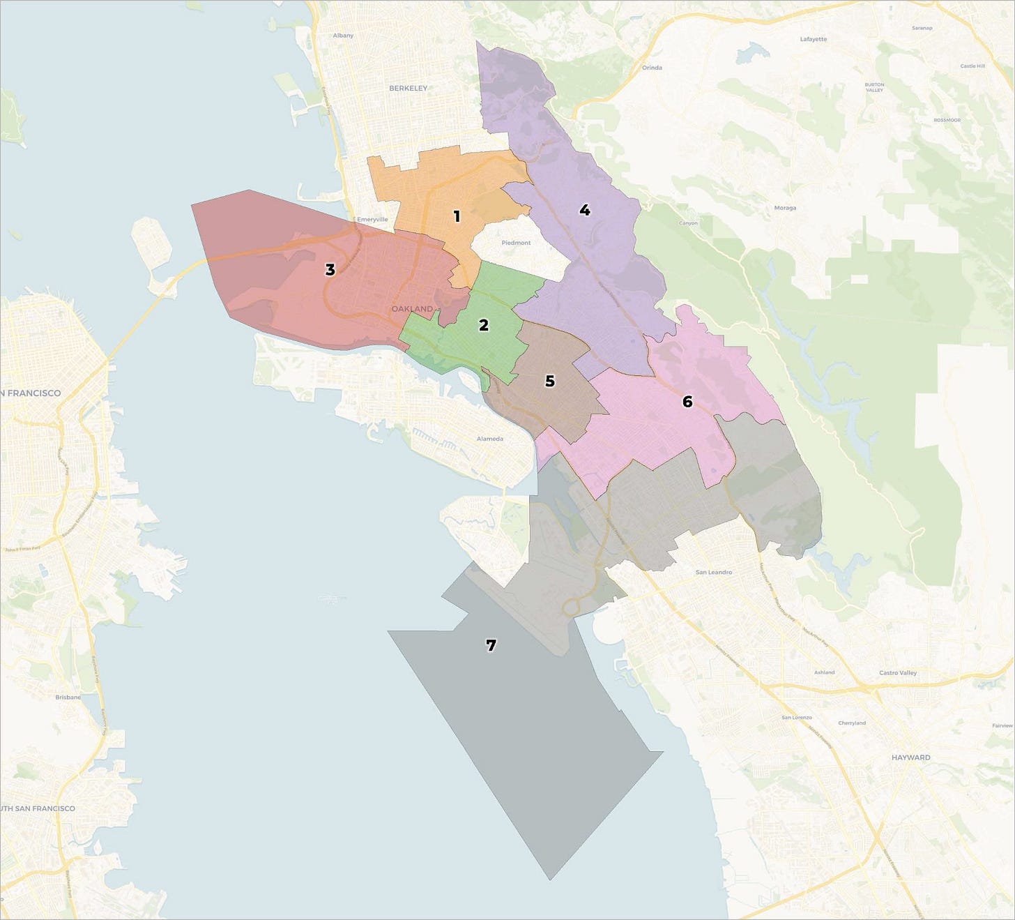 Figure 1. Map of Oakland’s council districts. The city of Piedmont is the blank area amid the color-coded Oakland districts. (Source: City of Oakland) Figure 1. Map of Oakland’s council districts. The city of Piedmont is the blank area amid the color-coded Oakland districts. (Source: City of Oakland)