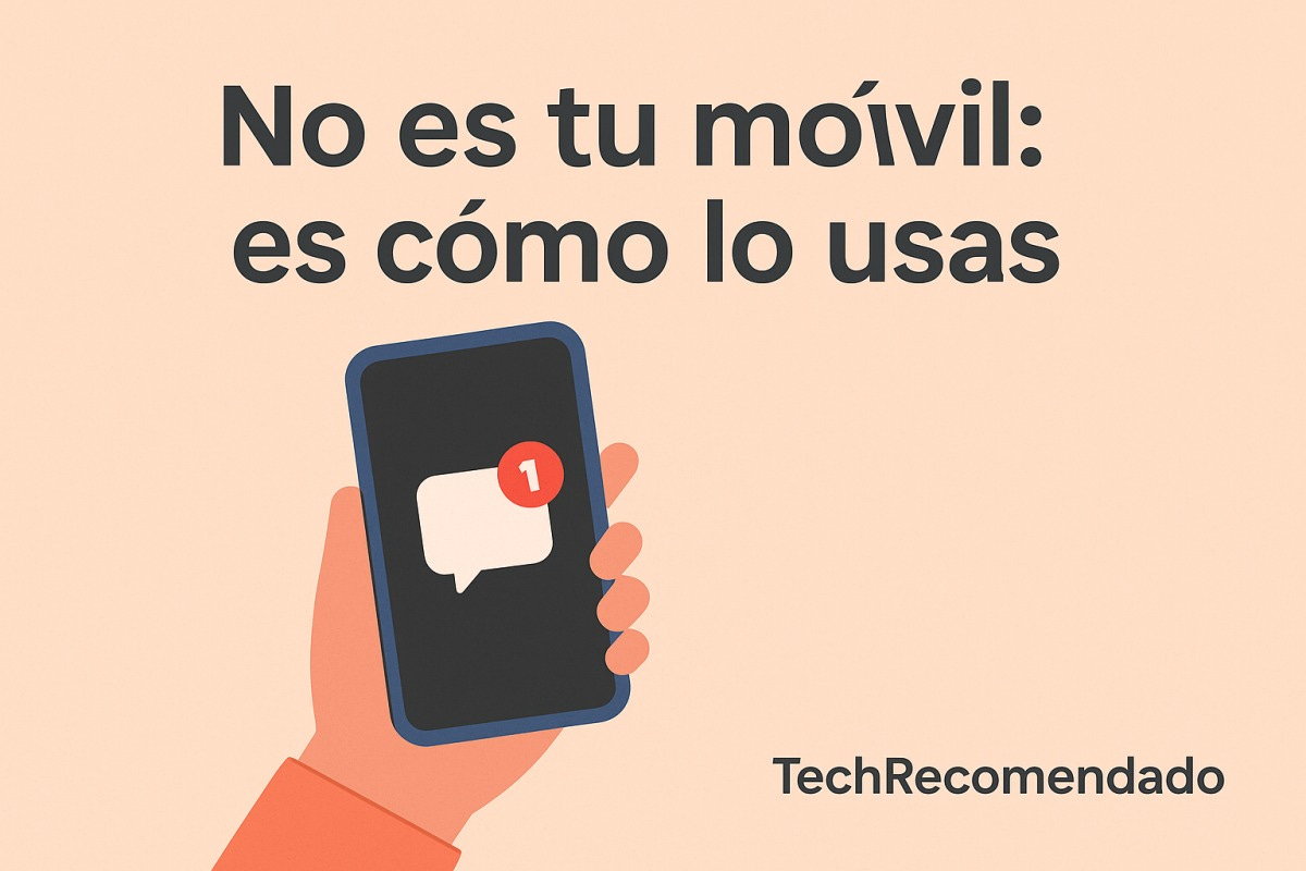 Ilustración plana con el mensaje en español “No es tu móvil: es cómo lo usas” sobre fondo minimalista, con branding de TechRecomendado