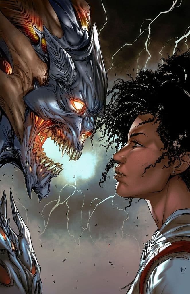 side view alien monster with fangs and superhero looking at them