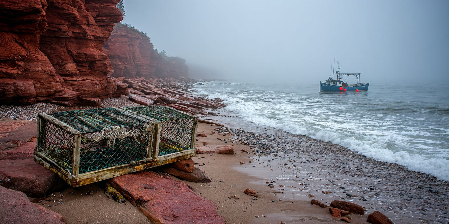 A weathered lobster trap resting on a sandy beach near a small fishing boat, with foggy Atlantic Ocean waves and red cliffs in the distance. A weathered lobster trap resting on a sandy beach near a small fishing boat, with foggy Atlantic Ocean waves and red cliffs in the distance.