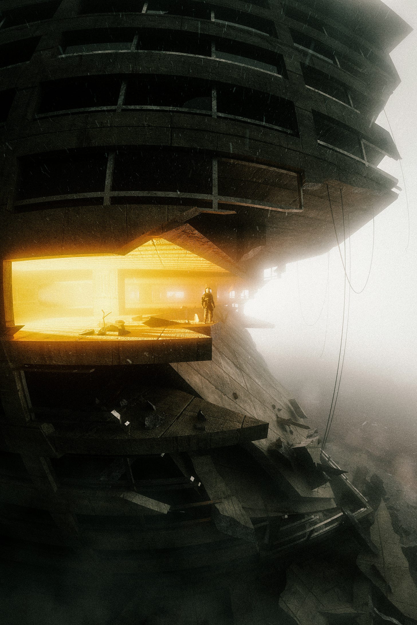 A post-apocalyptic tower with a lone human peering over the edge A post-apocalyptic tower with a lone human peering over the edge