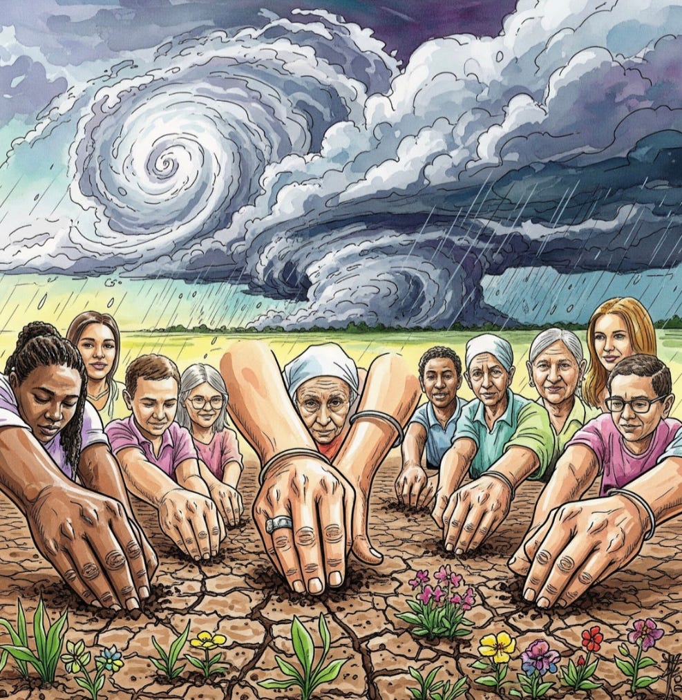 Image of a storm brewing with community groups working to plant the seeds of hope for the return to prosperity in times of drought