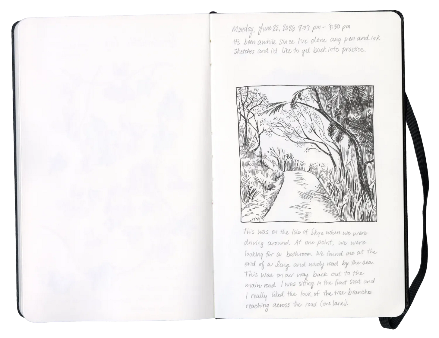 An open sketchbook with a drawing and writing.