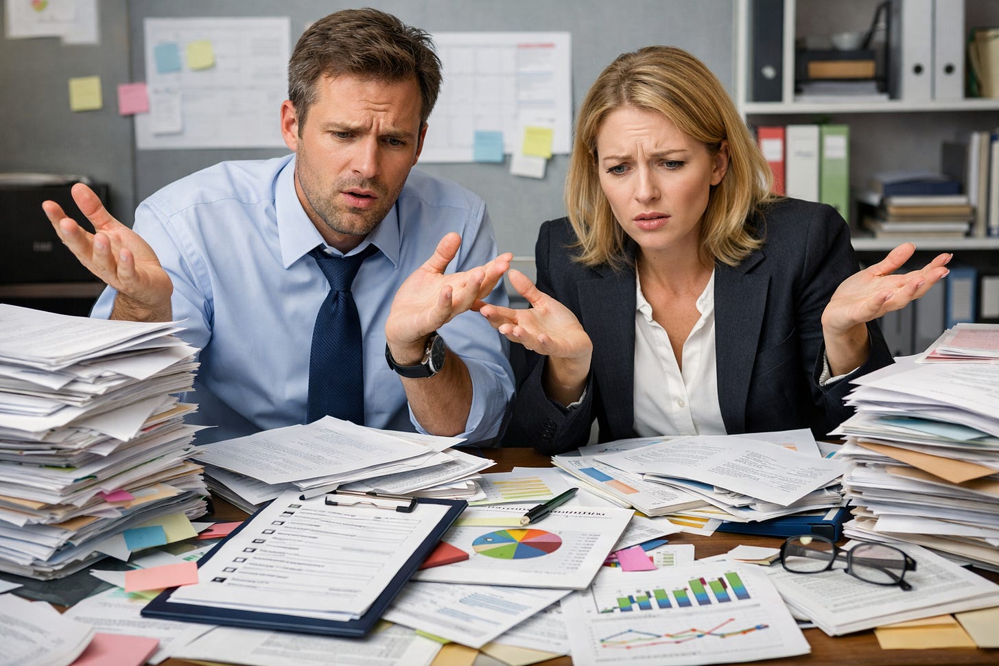 Two people surrounded by lots of papers trying to plan a project