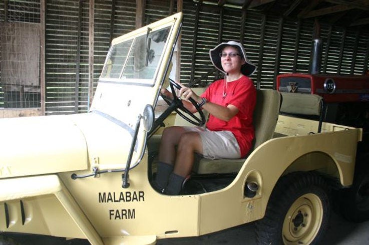Anneliese on Jeep at Malabar Farm