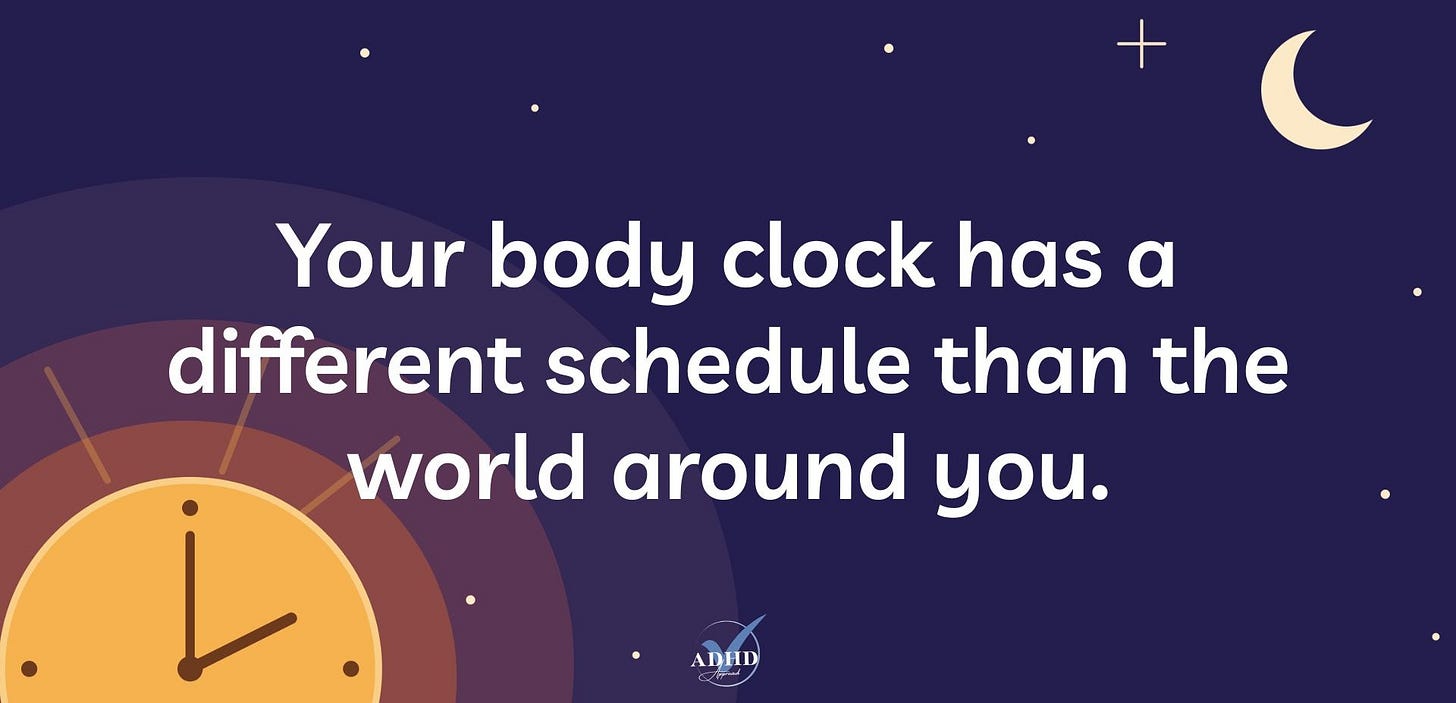night sky with the sun as a clock face, text: Your body clock has a different schedule than the world around you.