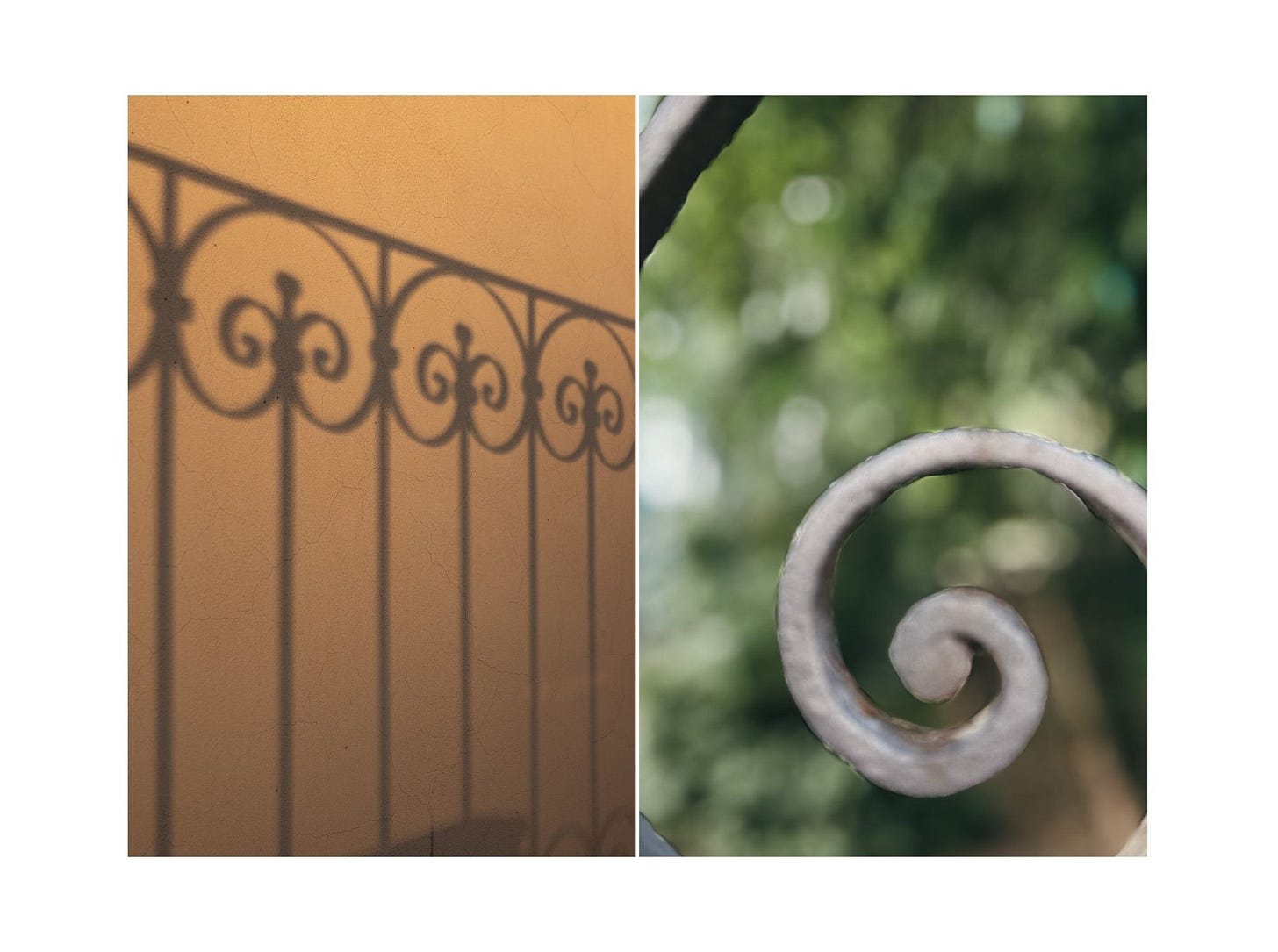Close-up diptych of an ornate wrought iron gate casting a curling shadow on ochre stone; beside it, a spiral stair detail in soft shadow