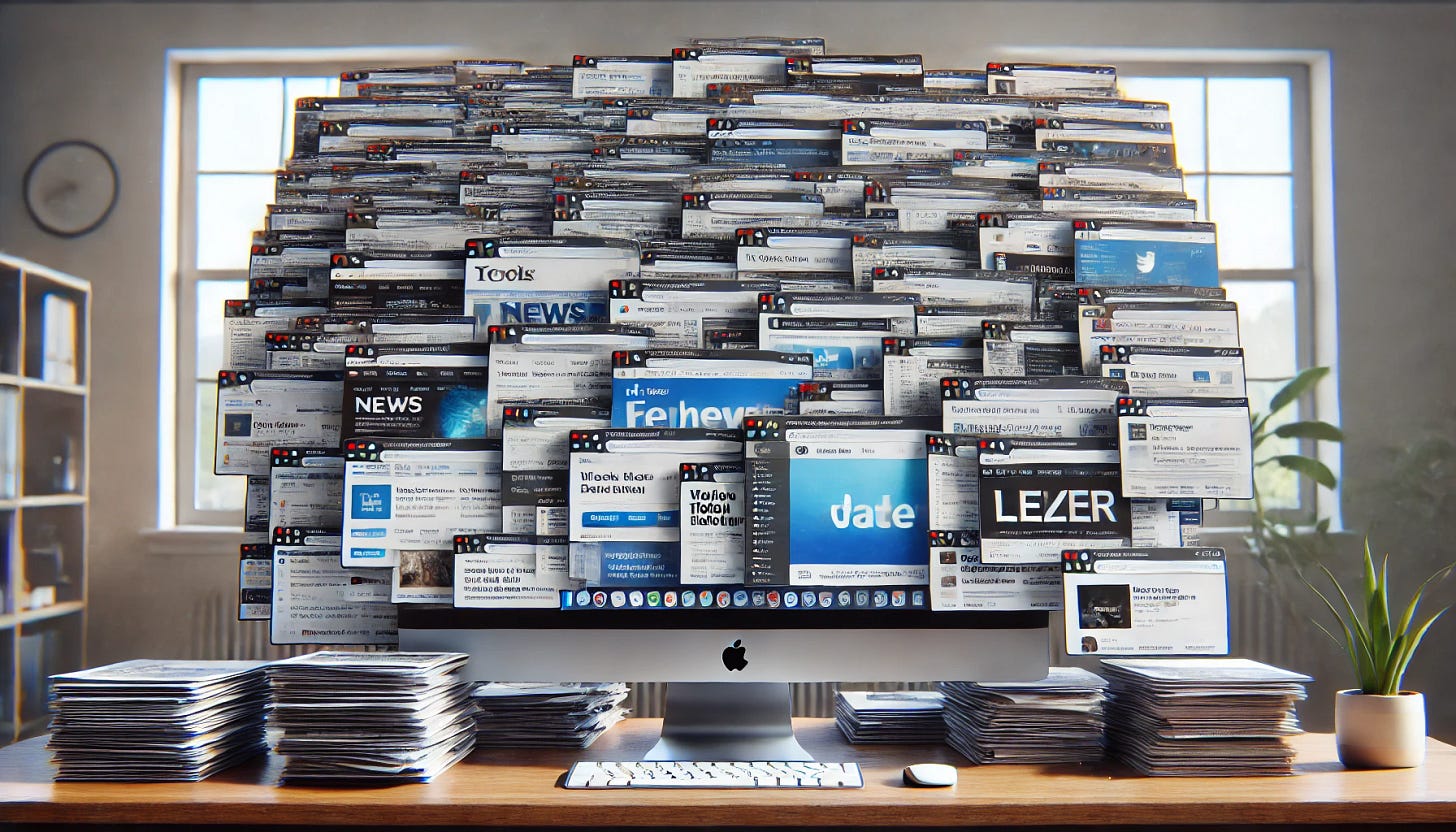 A realistic desktop computer screen filled with an overwhelming number of open tabs in a web browser. The tabs are cluttered, with some showing popular websites like news, social media, work documents, streaming services, and email. The taskbar is also crowded with multiple applications open. The screen is slightly chaotic but still realistic, with multiple overlapping windows and notifications popping up. The background is a generic office or home workspace, adding to the sense of digital overload.