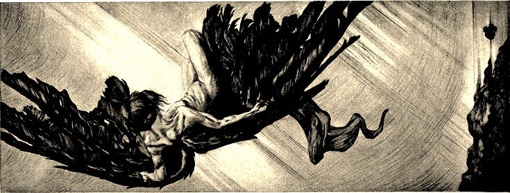 This may contain: a drawing of a man with wings in the air
