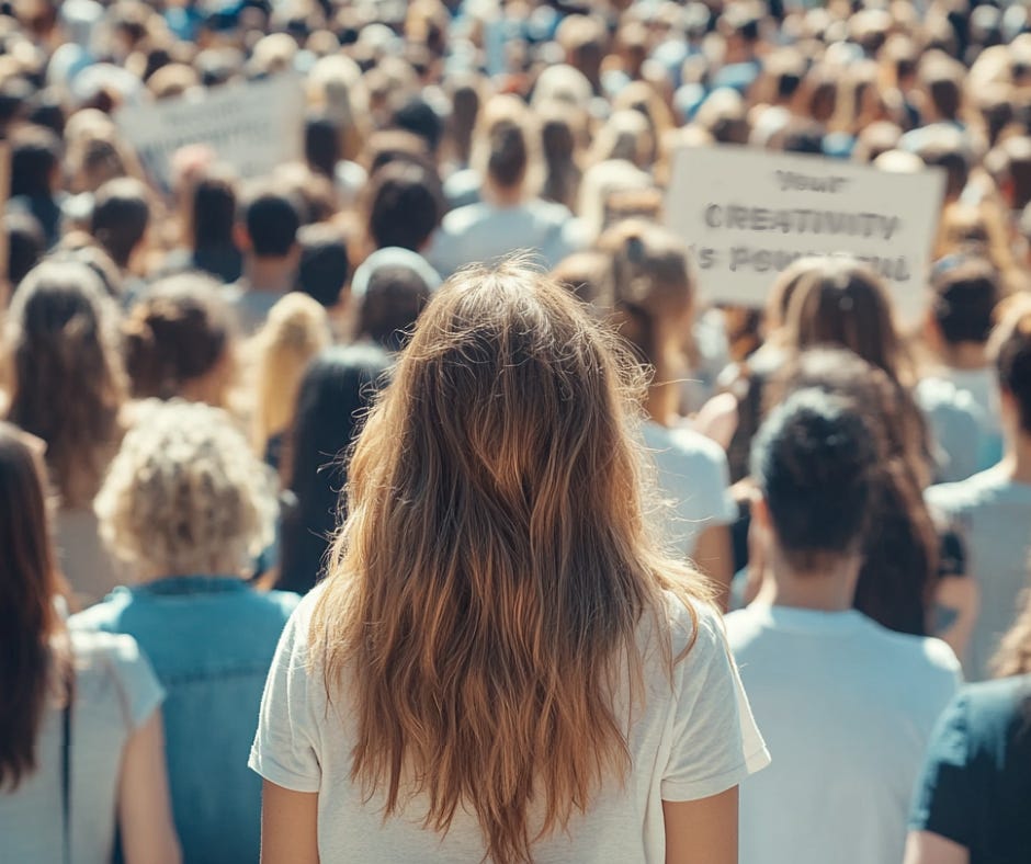 women protesting with sign that says 'your creativity is powerful' women protesting with sign that says 'your creativity is powerful'