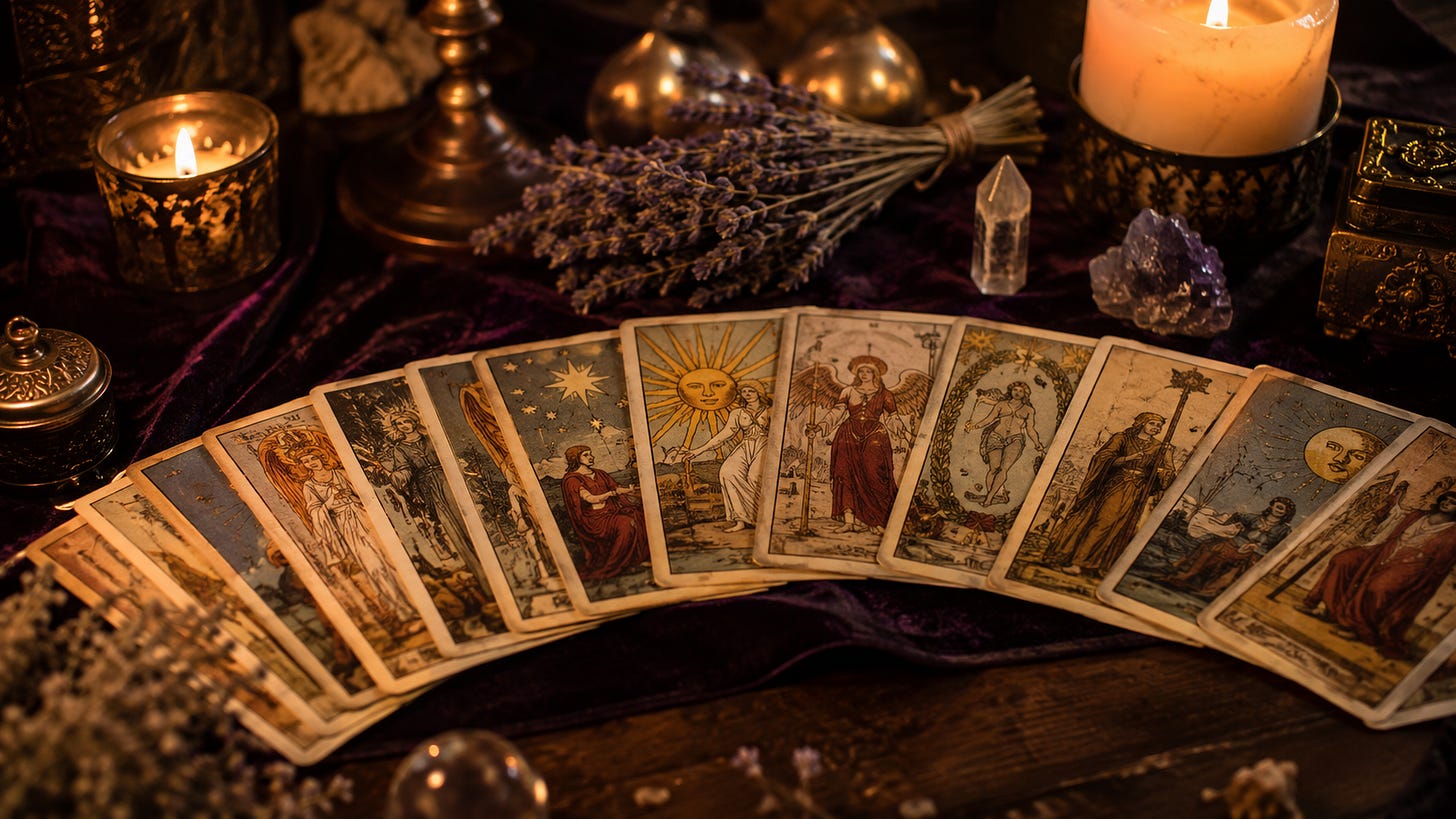 The Major Arcana fanned out in a wide arc across a dark table, lit by candles and framed by dried lavender.