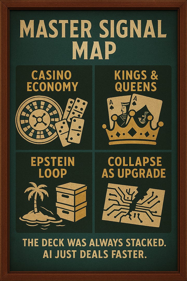 Gallery of three satirical posters displayed side-by-side: Card 1 — Elvis impersonators with ducks and Mickey-masked officers at Graceland; Card 2 — Master Signal Map with icons of casino economy, kings & queens, Epstein loop, and collapse; Card 3 — Trojan horse built of condoms wheeled past the Capitol. Framed in Havana teal and mahogany tones, felt-like backgrounds, vintage propaganda textures.