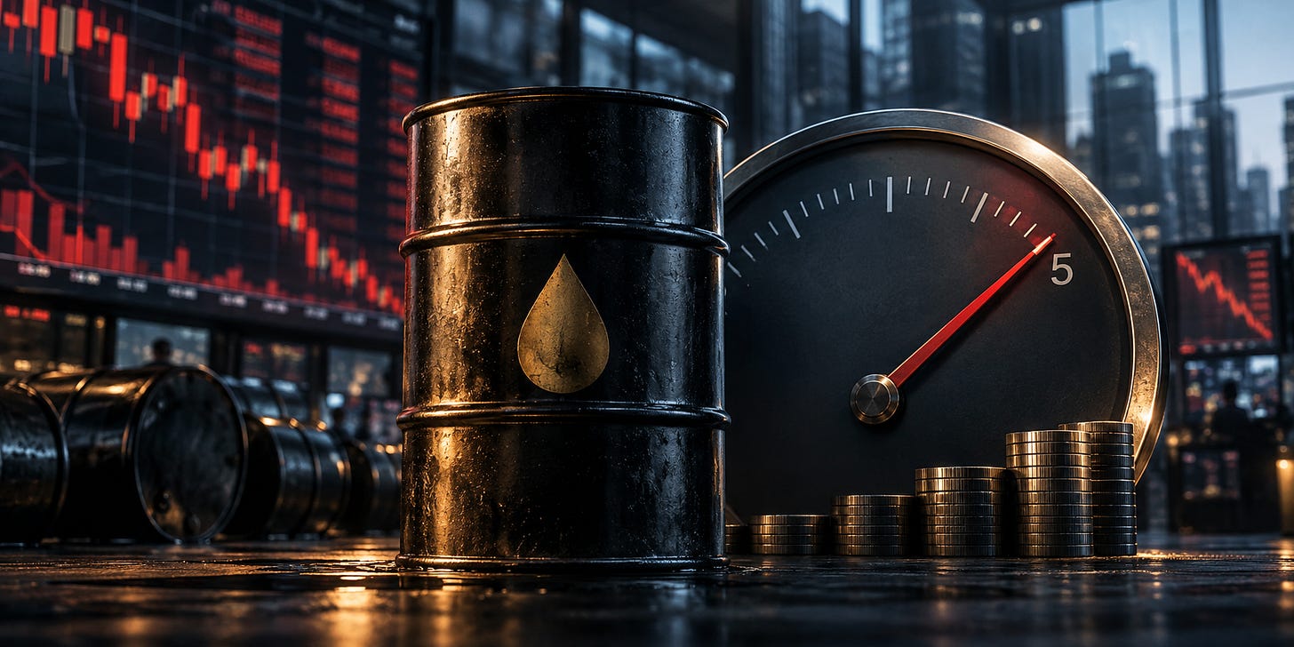 Oil barrel, rising yield gauge, and falling stock chart