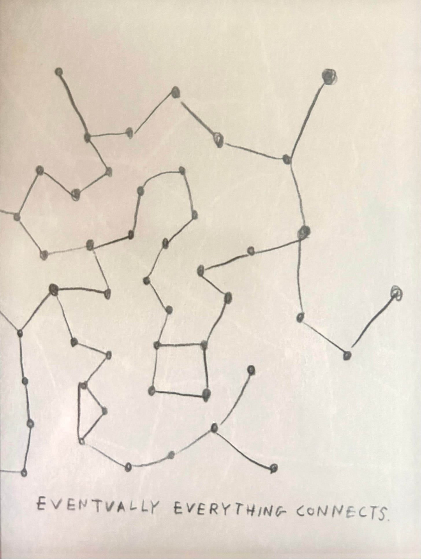 An image of a web of interconnected dots and a line that says, "eventually everything connects" An image of a web of interconnected dots and a line that says, "eventually everything connects"