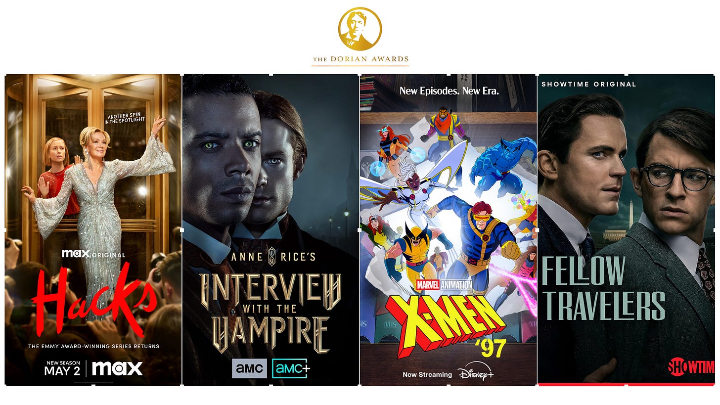 (L-R) ‘Hacks,’ ‘Anne Rice's Interview with the Vampire,’ ‘X-Men '97’ and ‘Fellow Travelers’ recieve 2024 Dorian TV Awards. (Photos courtesy of Max; AMC; Disney; Paramount+/Illustration by Daric L. Cottingham) (L-R) ‘Hacks,’ ‘Anne Rice's Interview with the Vampire,’ ‘X-Men '97’ and ‘Fellow Travelers’ recieve 2024 Dorian TV Awards. (Photos courtesy of Max; AMC; Disney; Paramount+/Illustration by Daric L. Cottingham)