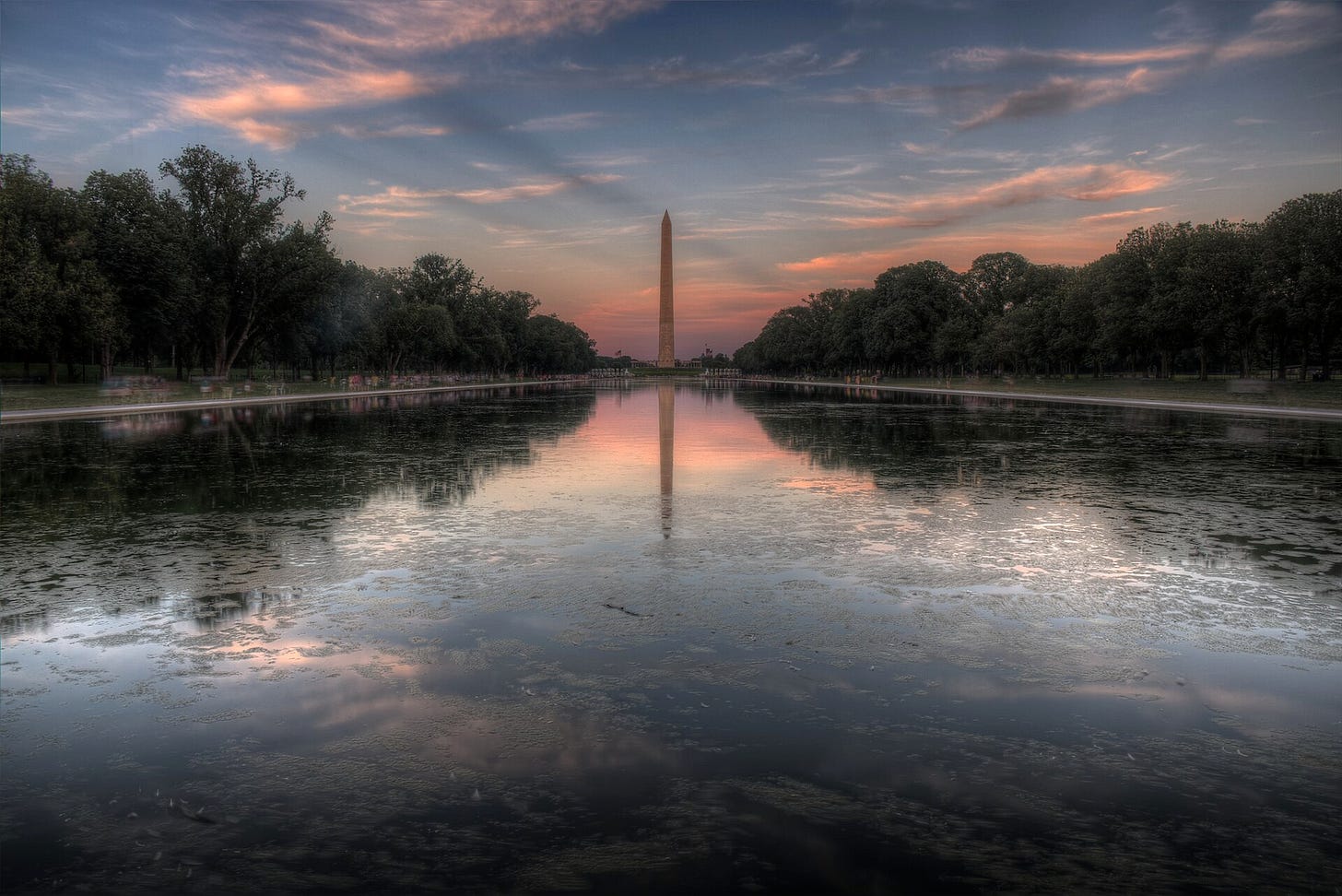The Lincoln Memorial Reflecting Pool at sunset in August 2015