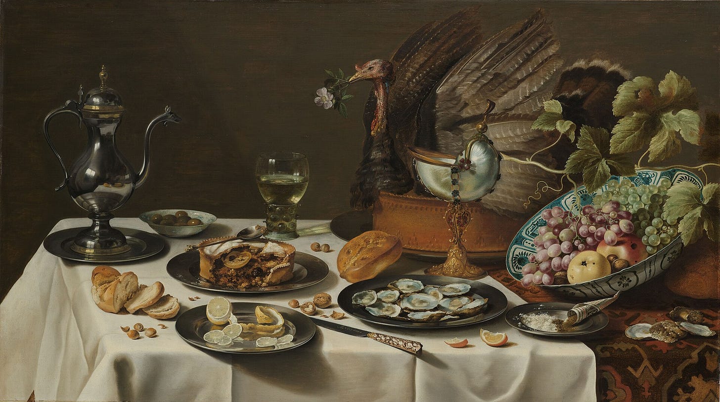 A long table crowded with silver, glass and food; at the back a tall pie is crowned with a whole turkey, its head and feathers set back on the crust, with a sprig in its beak.