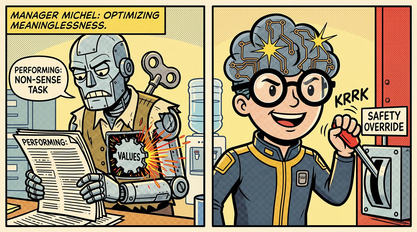 BD satirique montrant Michel en robot dont les engrenages de valeurs grillent en exécutant une tâche absurde.