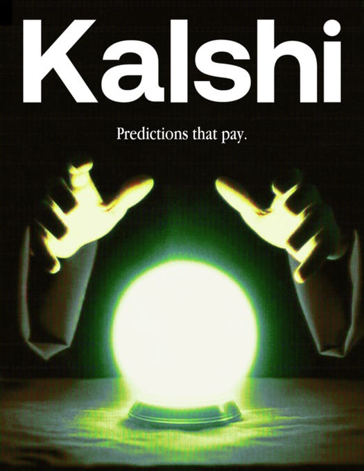 White text reading Kalshi prominently displayed on a black background with the tagline Predictions that pay below it. Glowing hands positioned on either side holding a bright green glowing crystal ball centered in the image. The overall design evokes a mystical prediction theme.