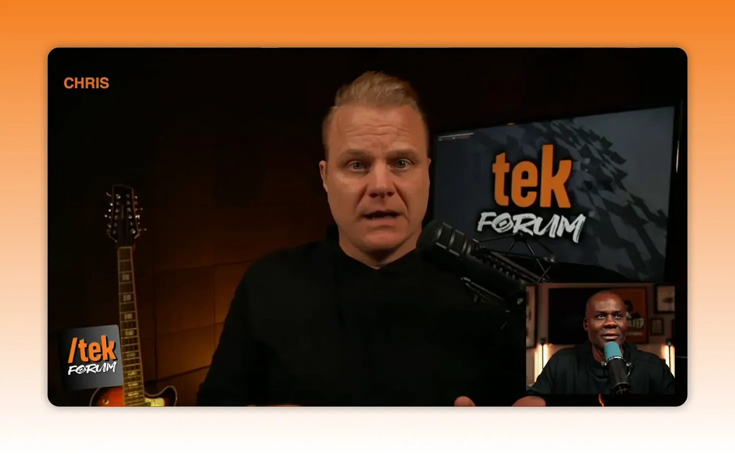 Crisp split-screen podcast frame showing a host at a microphone with the Tek Forum logo on a monitor and a clear inset of the co-host. Crisp split-screen podcast frame showing a host at a microphone with the Tek Forum logo on a monitor and a clear inset of the co-host.
