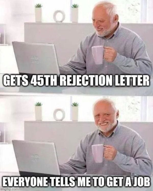 This may contain: an older man holding a coffee mug in front of a laptop computer with the caption get's 45h reflection letter everyone tells me to get a job