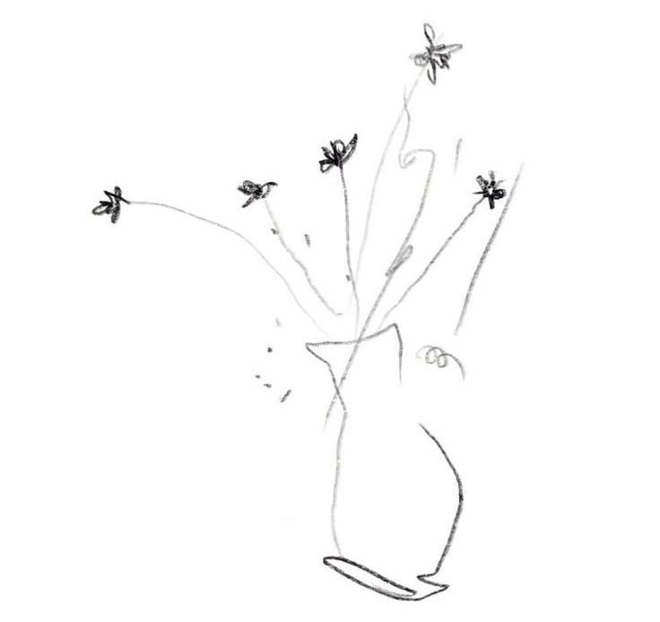 This may contain: a black and white drawing of flowers in a vase with two bees on the top
