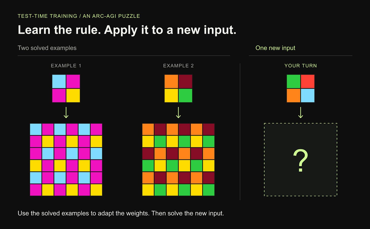 An ARC-AGI puzzle with two solved examples and a new input to solve.