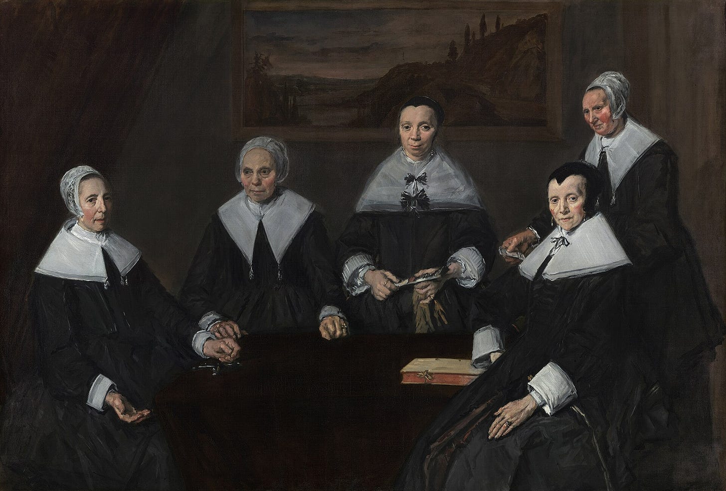 Frans Hals's Regentesses of the Old Men's Almshouse, five women in black with white collars around a dark table